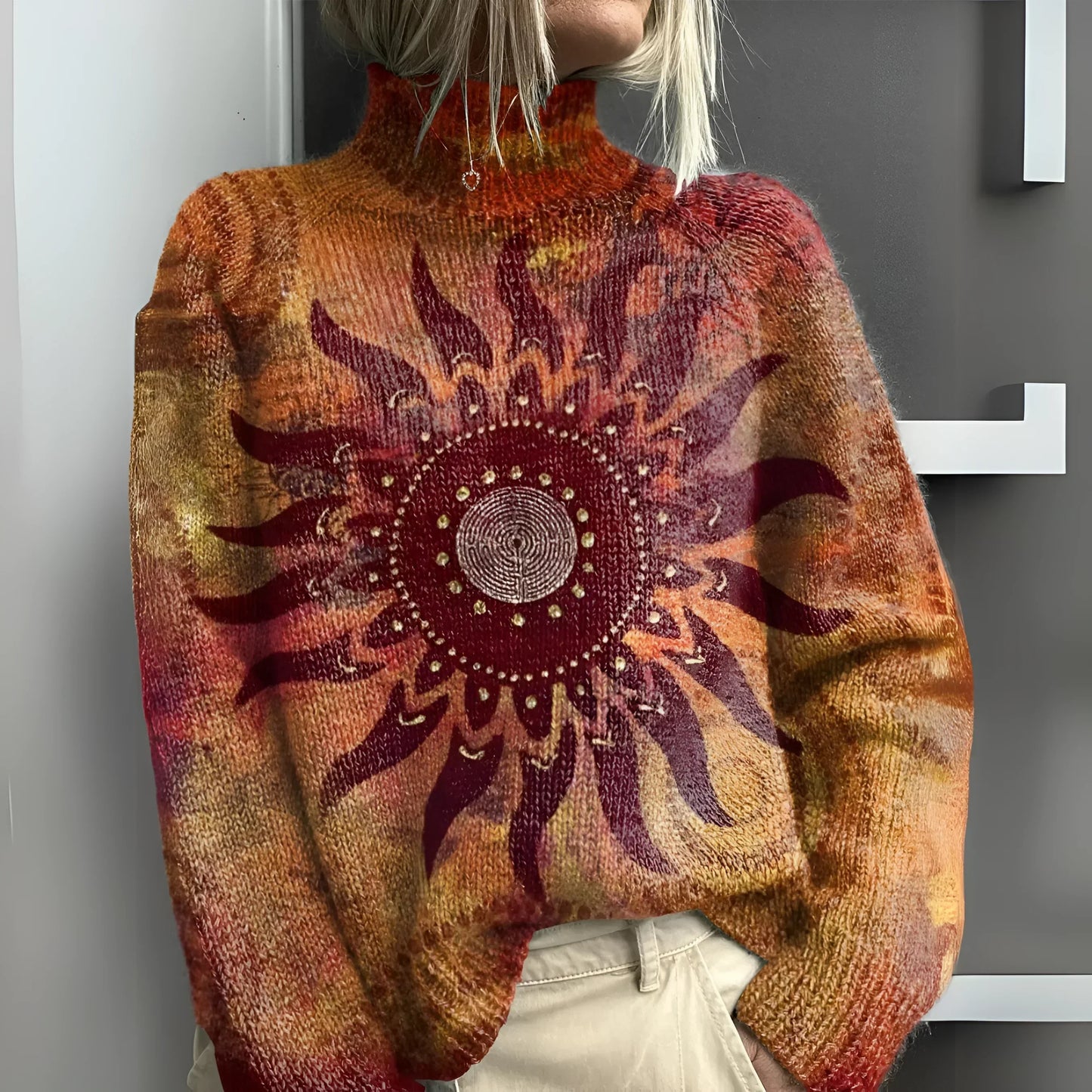 Lily | Warm Knit Turtleneck with Tribal Sun